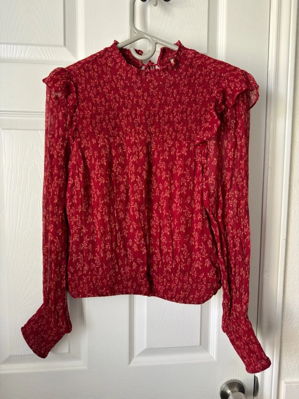 Free People Red Floral Smocked Blouse Ruffle Sleeve Boho Top S